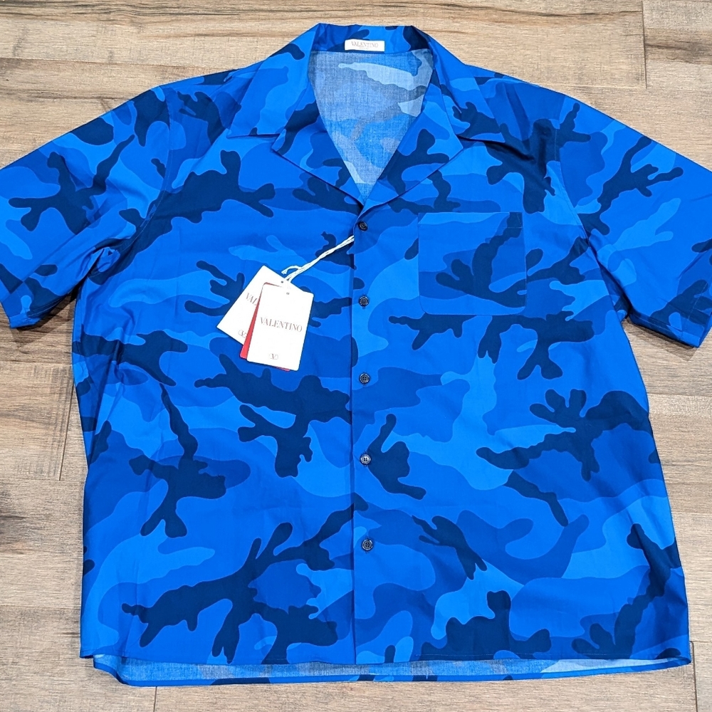 Mens Valentino Popeline Button Up Camp Shirt Blue Camo 48 US Medium